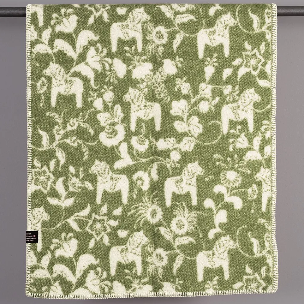 Babyfiltar|Ullplädar<Arvidssons textil Barnfilt Leksand grön 65x95cm med dalahästar och kurbits