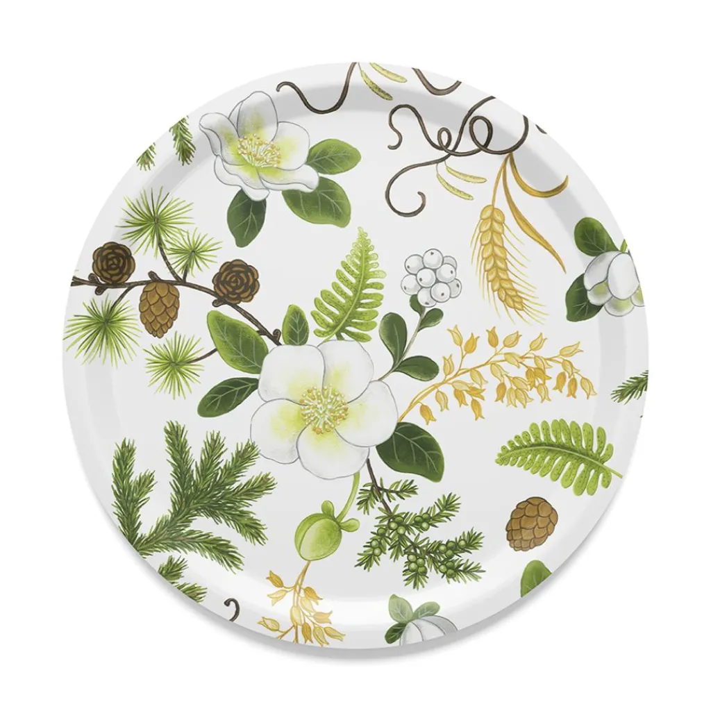 Brickor<Arvidssons textil Barr & Blom offwhite-grön rund bricka Ø31cm