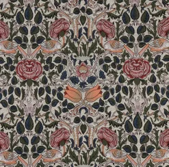 Blommiga Möbeltyger|Mönstrade Möbeltyger< Bird roses blue möbeltyg