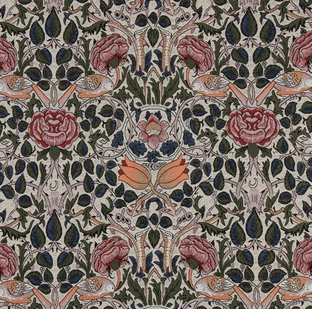 Blommiga Möbeltyger|Mönstrade Möbeltyger< Bird roses blue möbeltyg
