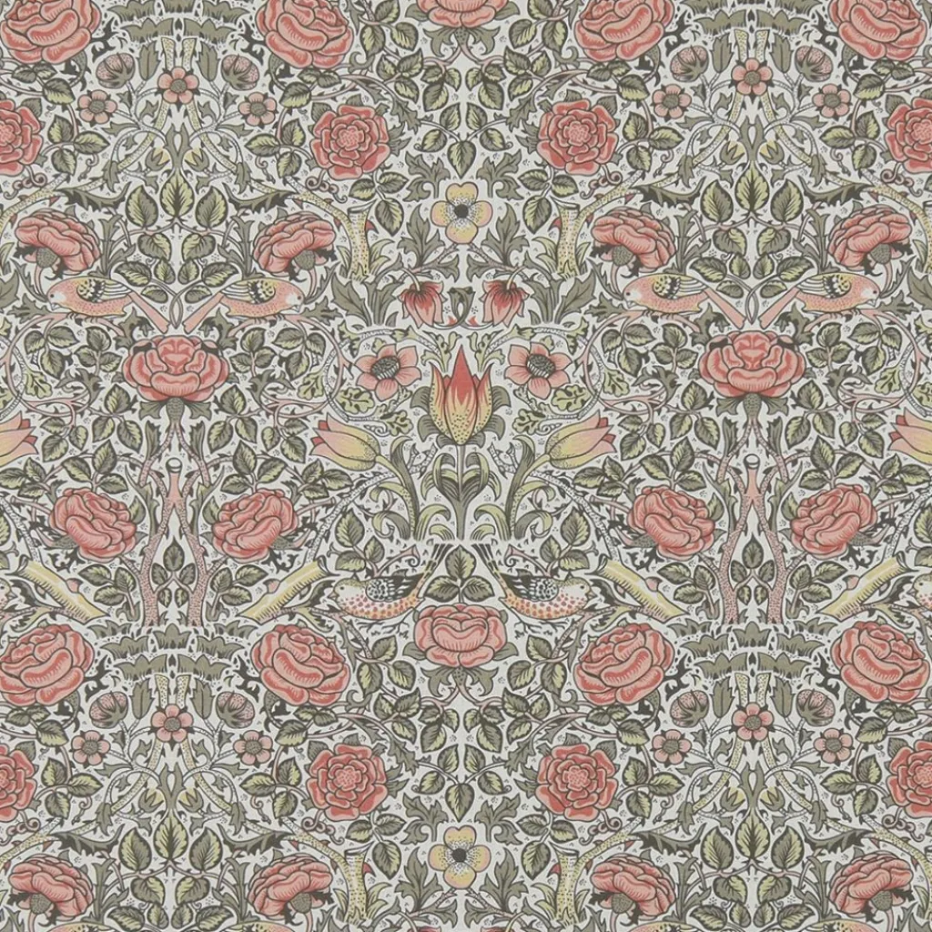 Arts & Crafts Tyger|Gardintyger Mönstrade< Birds and roses aprikos tyg