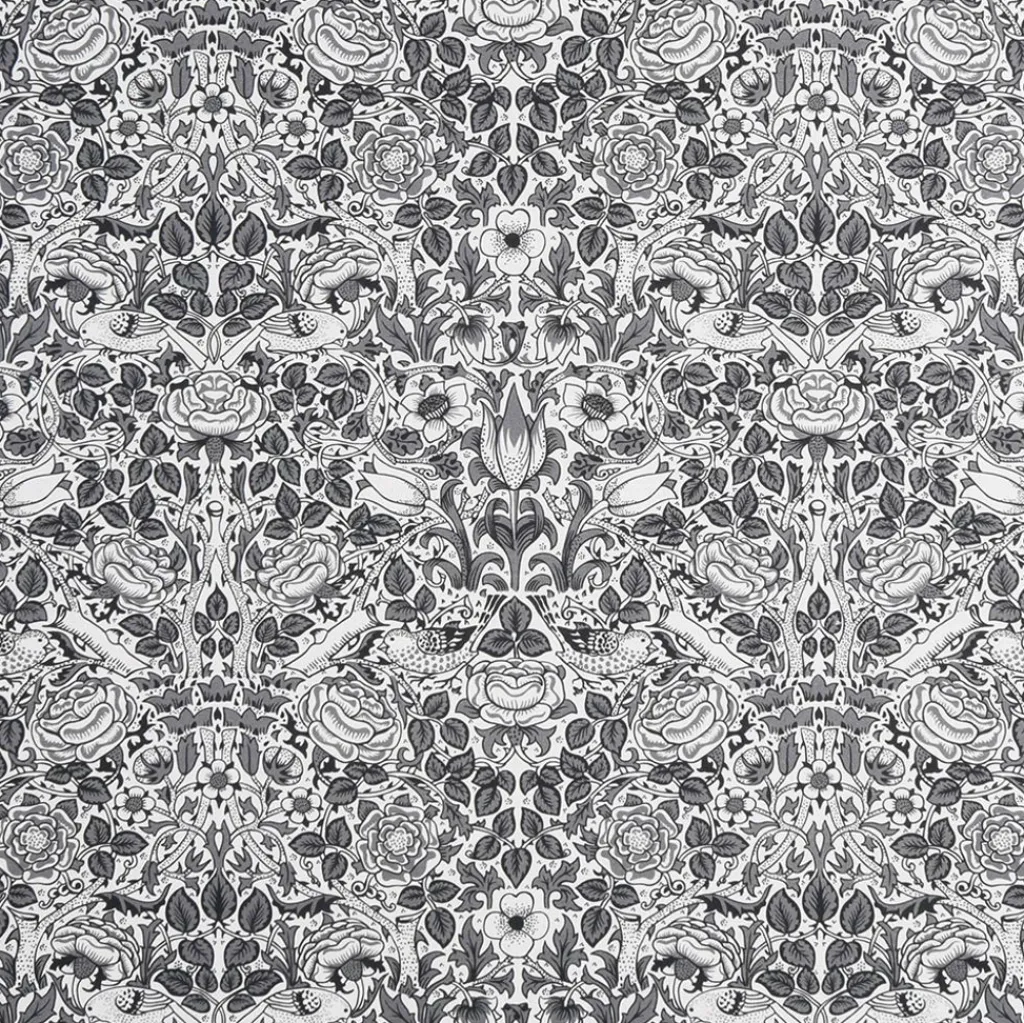 Arts & Crafts Tyger|Gardintyger Mönstrade< Birds and roses vit-svart tyg