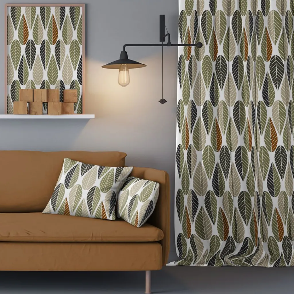 Gardiner Mönstrade<Arvidssons textil Blader grön-beige gardiner