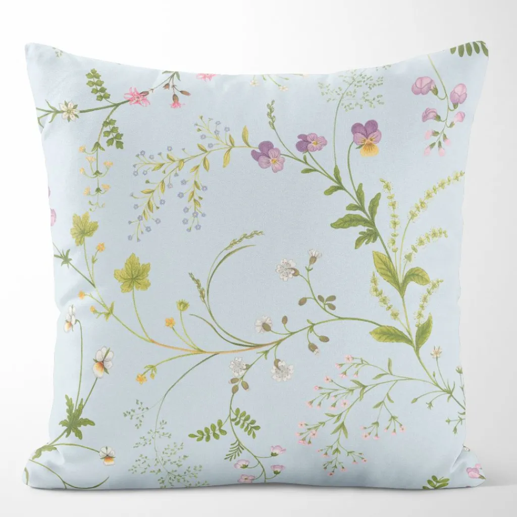Mönstrade Kuddfodral<Arvidssons textil Blomsteryra ljusblå kuddfodral
