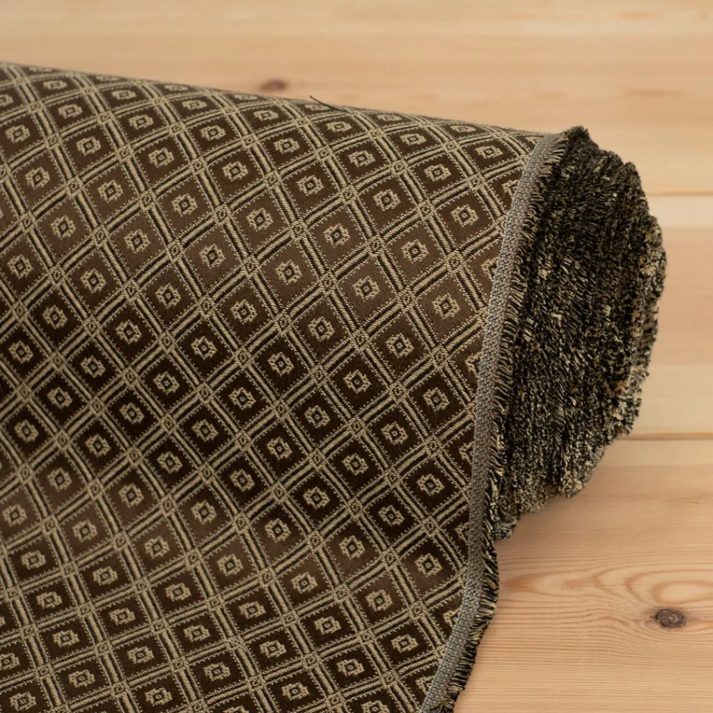 Rutiga Möbeltyger|Mönstrade Möbeltyger<Nordisk Textil Borgholm brun-guld - rutigt möbeltyg i klassisk stil