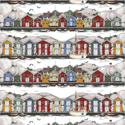 Arvidssons Textil<Arvidssons textil Bryggviken tyg med Smögens sjöbodar