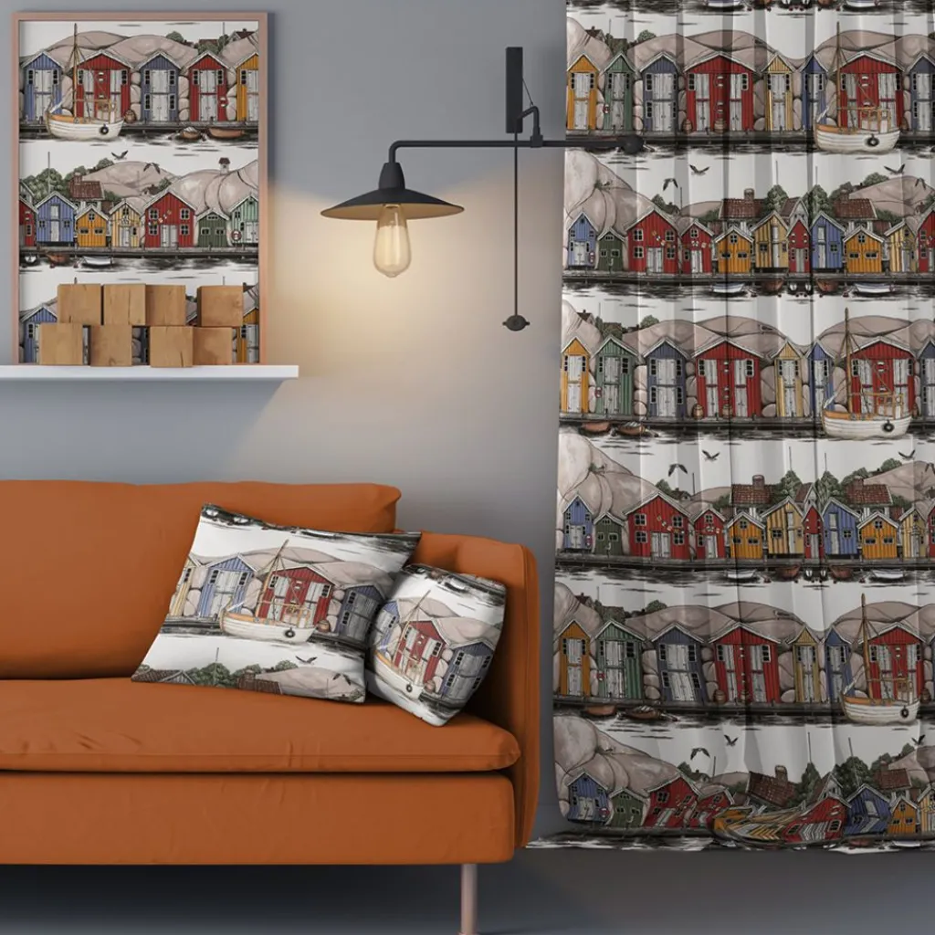 Arvidssons Textil<Arvidssons textil Bryggviken tyg med Smögens sjöbodar