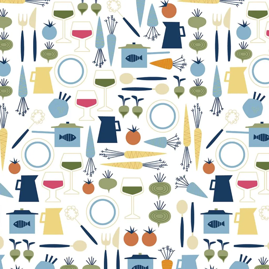 Gardintyger Mönstrade|Arvidssons Textil<Arvidssons textil Dinner blå tyg med retro köksmotiv