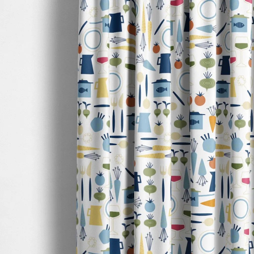 Gardintyger Mönstrade|Arvidssons Textil<Arvidssons textil Dinner blå tyg med retro köksmotiv