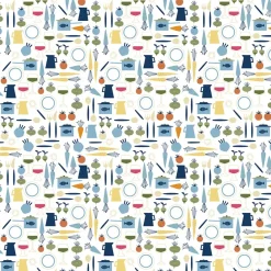 Gardintyger Mönstrade|Arvidssons Textil<Arvidssons textil Dinner blå tyg med retro köksmotiv