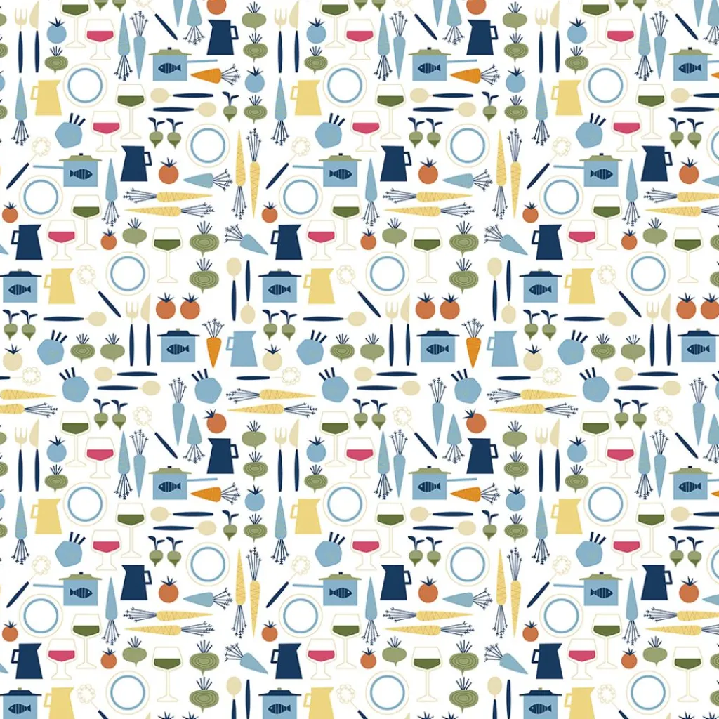 Gardintyger Mönstrade|Arvidssons Textil<Arvidssons textil Dinner blå tyg med retro köksmotiv