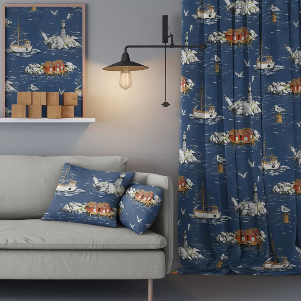 Gardintyger Mönstrade|Arvidssons Textil<Arvidssons textil Fiskeskär mörkblå tyg