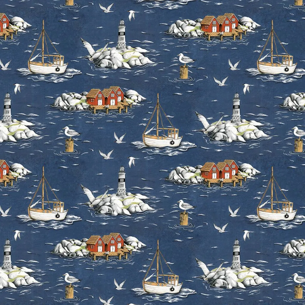 Gardintyger Mönstrade|Arvidssons Textil<Arvidssons textil Fiskeskär mörkblå tyg