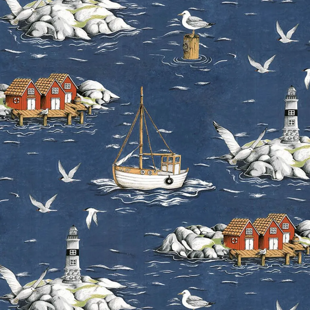 Gardintyger Mönstrade|Arvidssons Textil<Arvidssons textil Fiskeskär mörkblå tyg