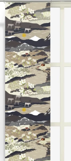 Panelgardiner<Arvidssons textil Fjällvandring beige panelgardiner med fjällmotiv