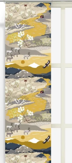 Panelgardiner<Arvidssons textil Fjällvandring gul-blå panelgardiner med fjällmotiv