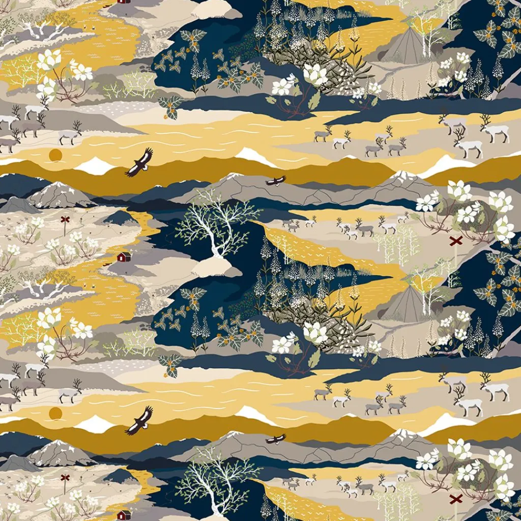 Gardintyger Mönstrade|Arvidssons Textil<Arvidssons textil Fjällvandring gul-blå tyg