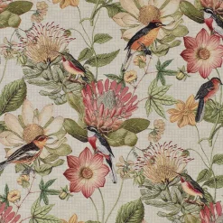 Blommiga Möbeltyger|Mönstrade Möbeltyger< Floral botanic bird möbeltyg - fyllt av blomster och färgsprakande fåglar