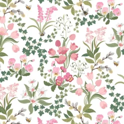Gardintyger Mönstrade|Arvidssons Textil<Arvidssons textil Humlegården rosa-grön tyg med charmigt blomstermotiv