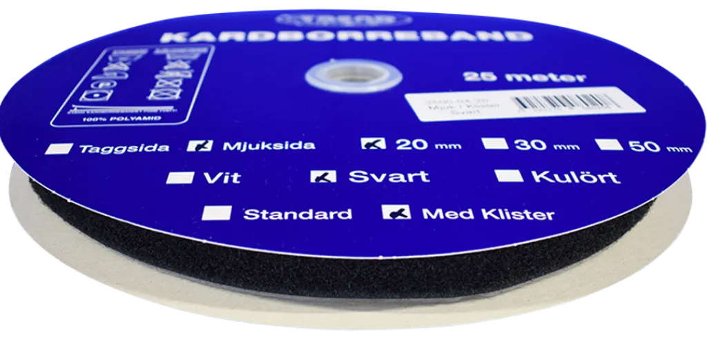 Kardborreband< Kardborreband mjuk klister svart 20mm - 25m rulle