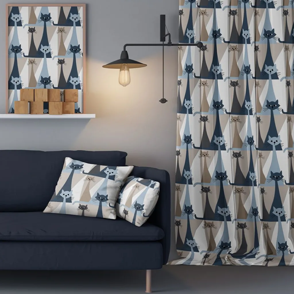 Gardiner Mönstrade<Arvidssons textil Kitty blå gardiner med retro katter
