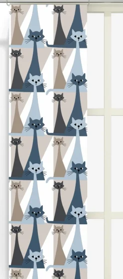 Panelgardiner<Arvidssons textil Kitty blå panelgardiner med retro katter