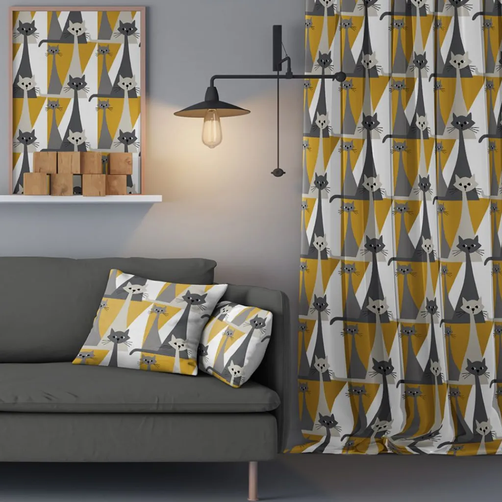 Gardiner Mönstrade<Arvidssons textil Kitty gul gardiner med retro katter