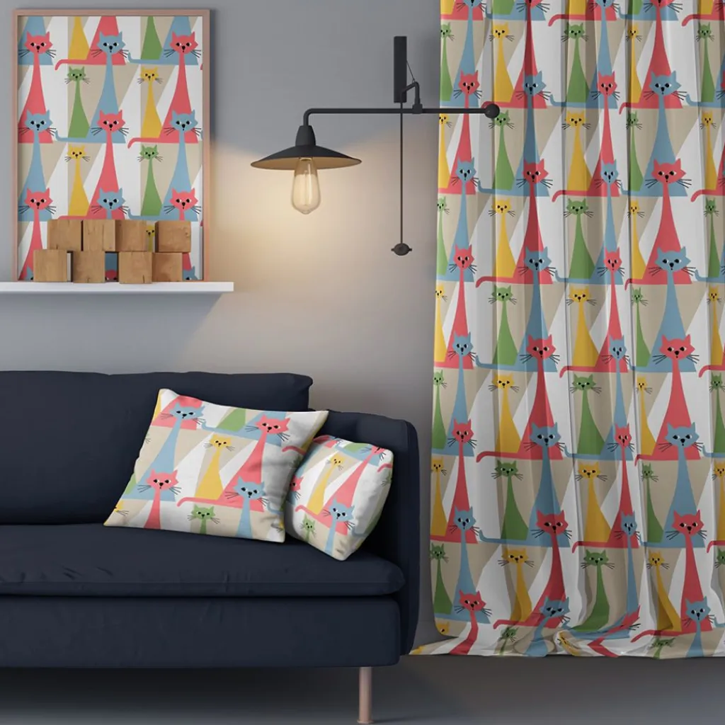 Gardintyger Mönstrade|Arvidssons Textil<Arvidssons textil Kitty multi tyg med retro katter