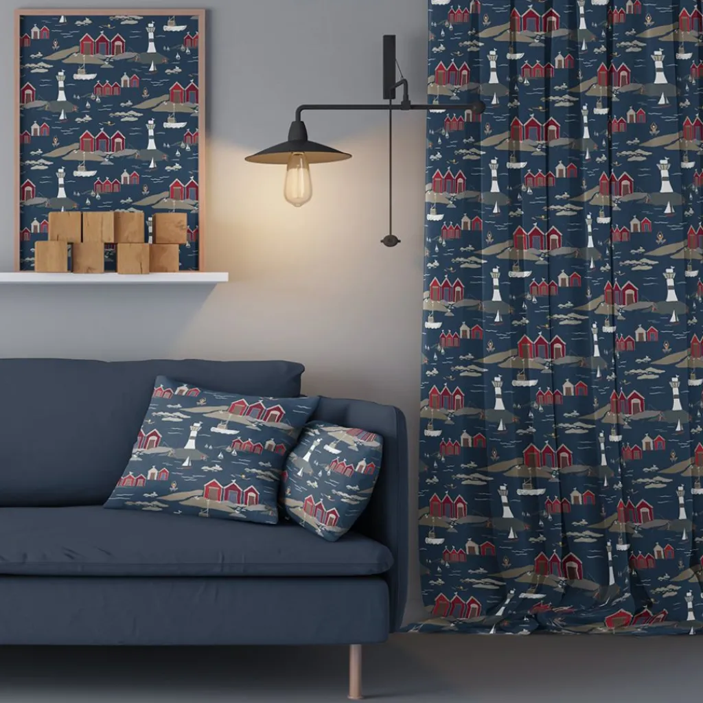 Gardiner Mönstrade<Arvidssons textil Kust blå gardiner