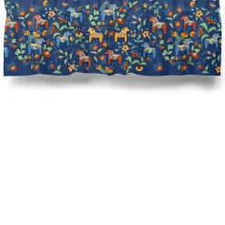 Gardinkappor Mönstrade<Arvidssons textil Leksand bård blå gardinkappa metervara med traditionellt dalahästtryck