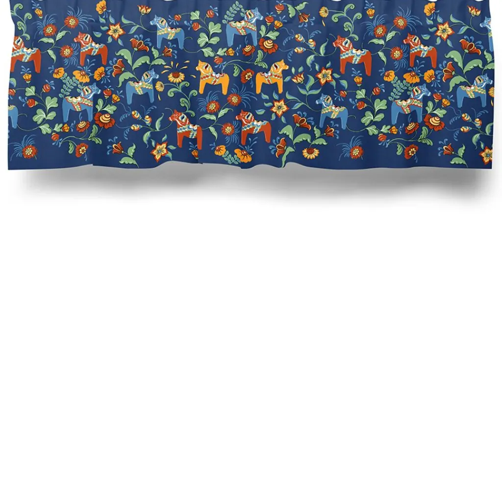 Gardinkappor Mönstrade<Arvidssons textil Leksand bård blå gardinkappa metervara med traditionellt dalahästtryck