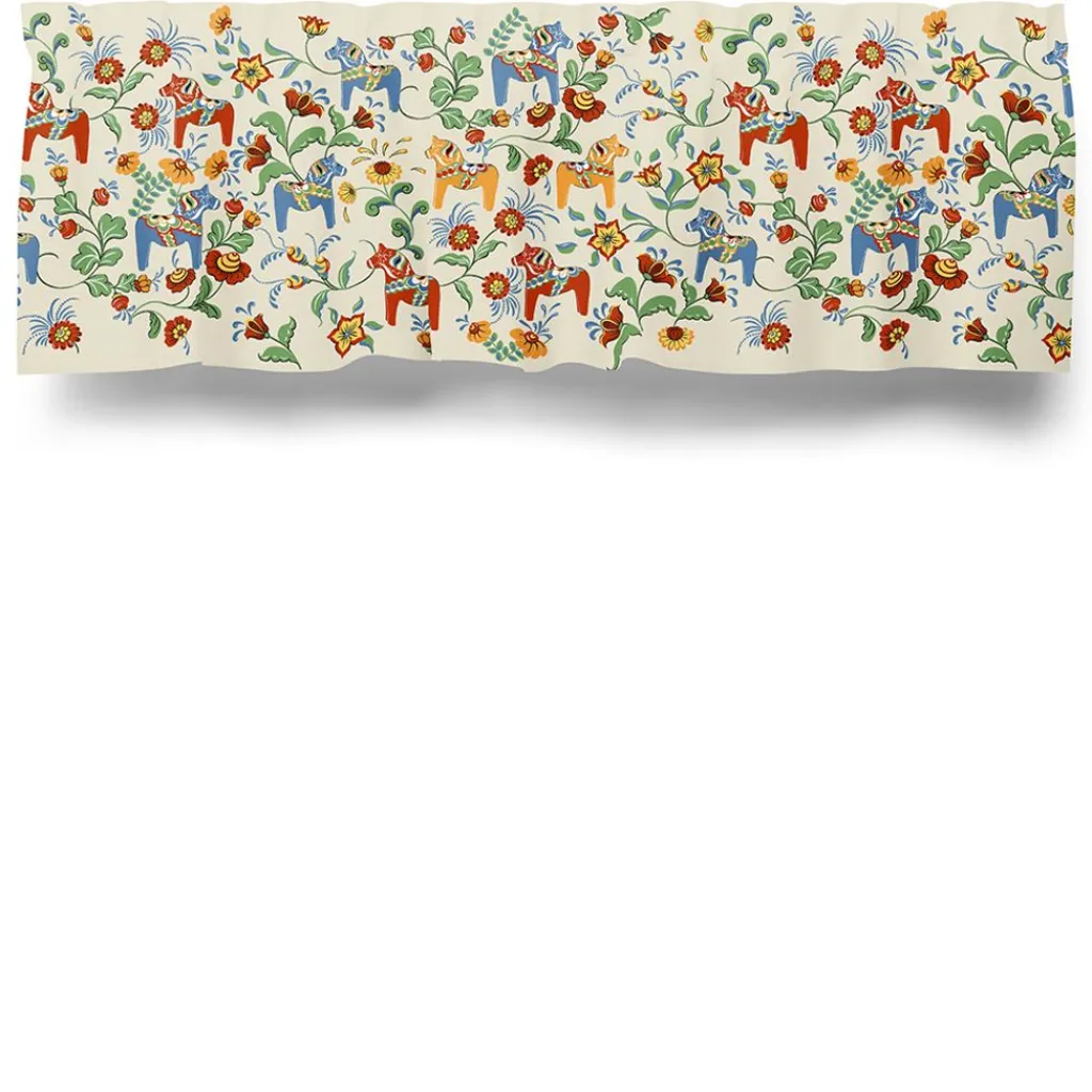 Gardinkappor Mönstrade<Arvidssons textil Leksand bård natur gardinkappa metervara med traditionellt dalahästtryck