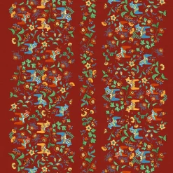 Gardintyger Mönstrade|Arvidssons Textil<Arvidssons textil Leksand bård röd tyg med traditionellt dalahästtryck