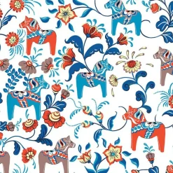 Gardintyger Mönstrade|Arvidssons Textil<Arvidssons textil Leksand dalablå tyg med traditionellt dalahästtryck