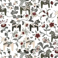 Gardintyger Mönstrade|Arvidssons Textil<Arvidssons textil Leksand grön tyg med traditionellt dalahästtryck