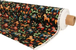 Gardintyger Mönstrade|Arvidssons Textil<Arvidssons textil Leksand mini svart tyg med traditionellt dalahästtryck