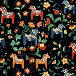 Gardintyger Mönstrade|Arvidssons Textil<Arvidssons textil Leksand svart tyg med traditionellt dalahästtryck