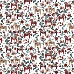 Gardintyger Mönstrade|Arvidssons Textil<Arvidssons textil Leksand vinröd-petrol tyg med traditionellt dalahästtryck