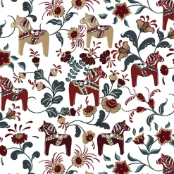 Gardintyger Mönstrade|Arvidssons Textil<Arvidssons textil Leksand vinröd-petrol tyg med traditionellt dalahästtryck