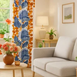 Gardiner Mönstrade<Arvidssons textil Lisette blå/orange gardiner - mönster i retrostil