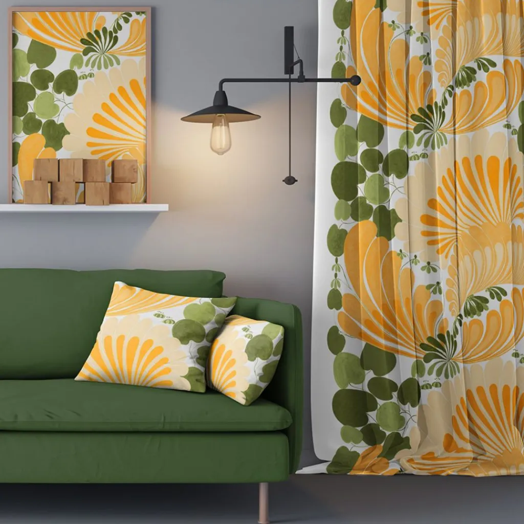 Arvidssons Textil<Arvidssons textil Lisette gul tyg - livfullt tryck med grafisk 70-talskänsla