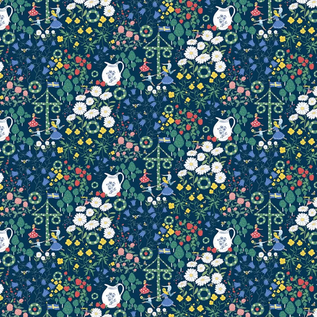 Gardintyger Mönstrade|Arvidssons Textil<Arvidssons textil Midsommardans blå tyg