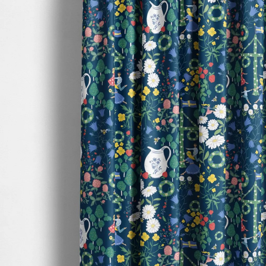 Gardintyger Mönstrade|Arvidssons Textil<Arvidssons textil Midsommardans blå tyg