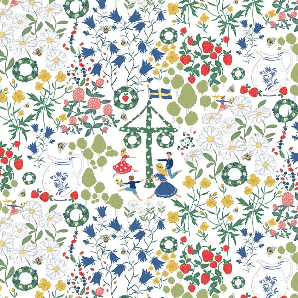 Gardintyger Mönstrade|Arvidssons Textil<Arvidssons textil Midsommardans vit tyg