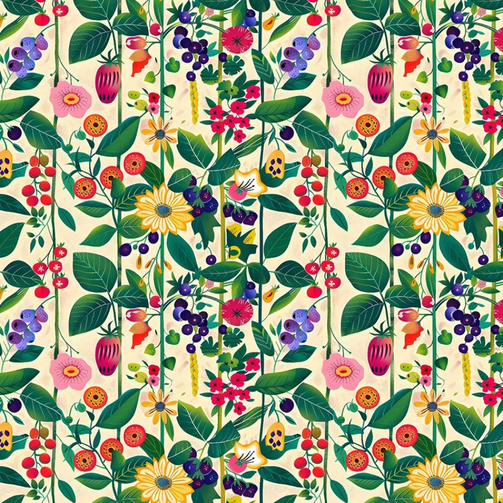 Gardintyger Mönstrade<Nordisk Textil Nordisk Flora tyg - skandinaviska bär och blommor