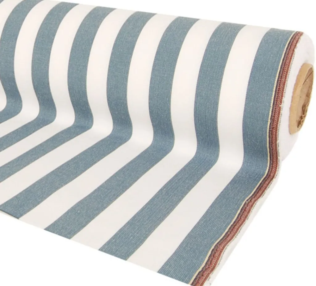 Randiga Möbeltyger<Nordisk Textil Oxford vit och duvblå blockrandigt tyg