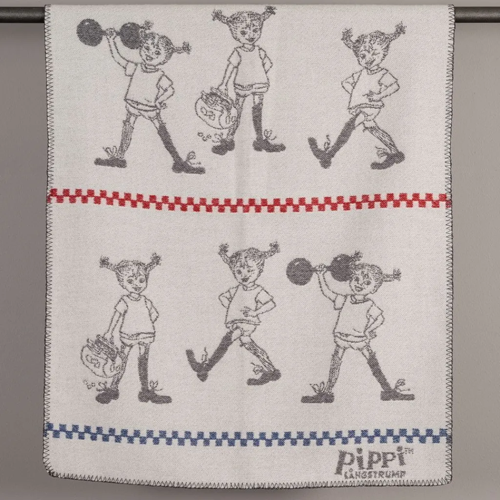 Babyfiltar|Ullplädar<Arvidssons textil Pippi grå barnfilt i merinoull med Pippi Långstrump