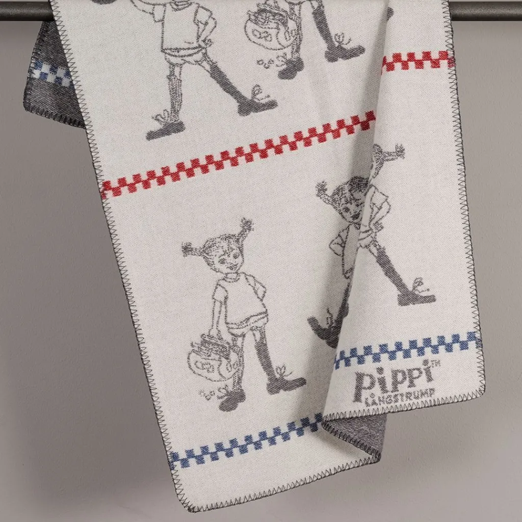 Babyfiltar|Ullplädar<Arvidssons textil Pippi grå barnfilt i merinoull med Pippi Långstrump