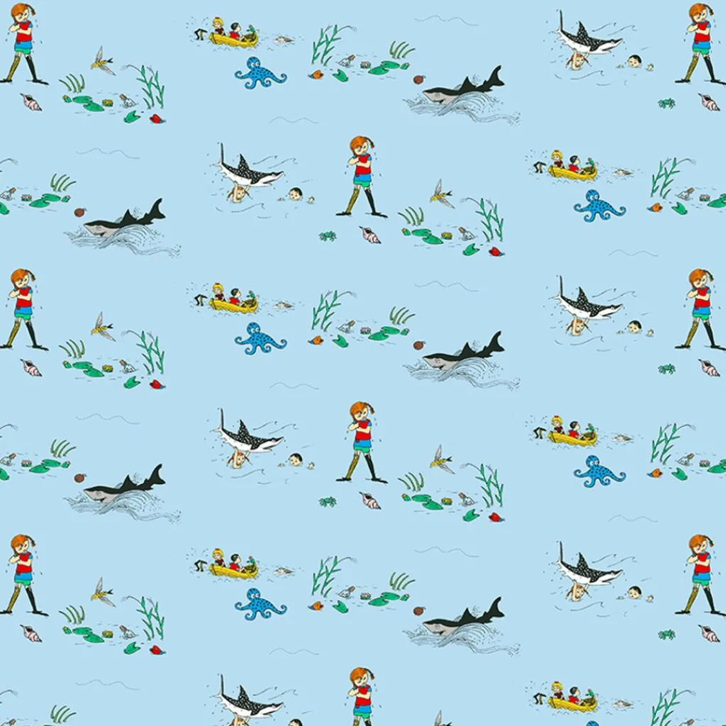 Gardintyger Mönstrade|Barnmönster<Arvidssons textil Pippi i söderhavet blå tyg