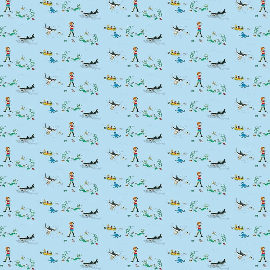 Gardintyger Mönstrade|Barnmönster<Arvidssons textil Pippi i söderhavet blå tyg